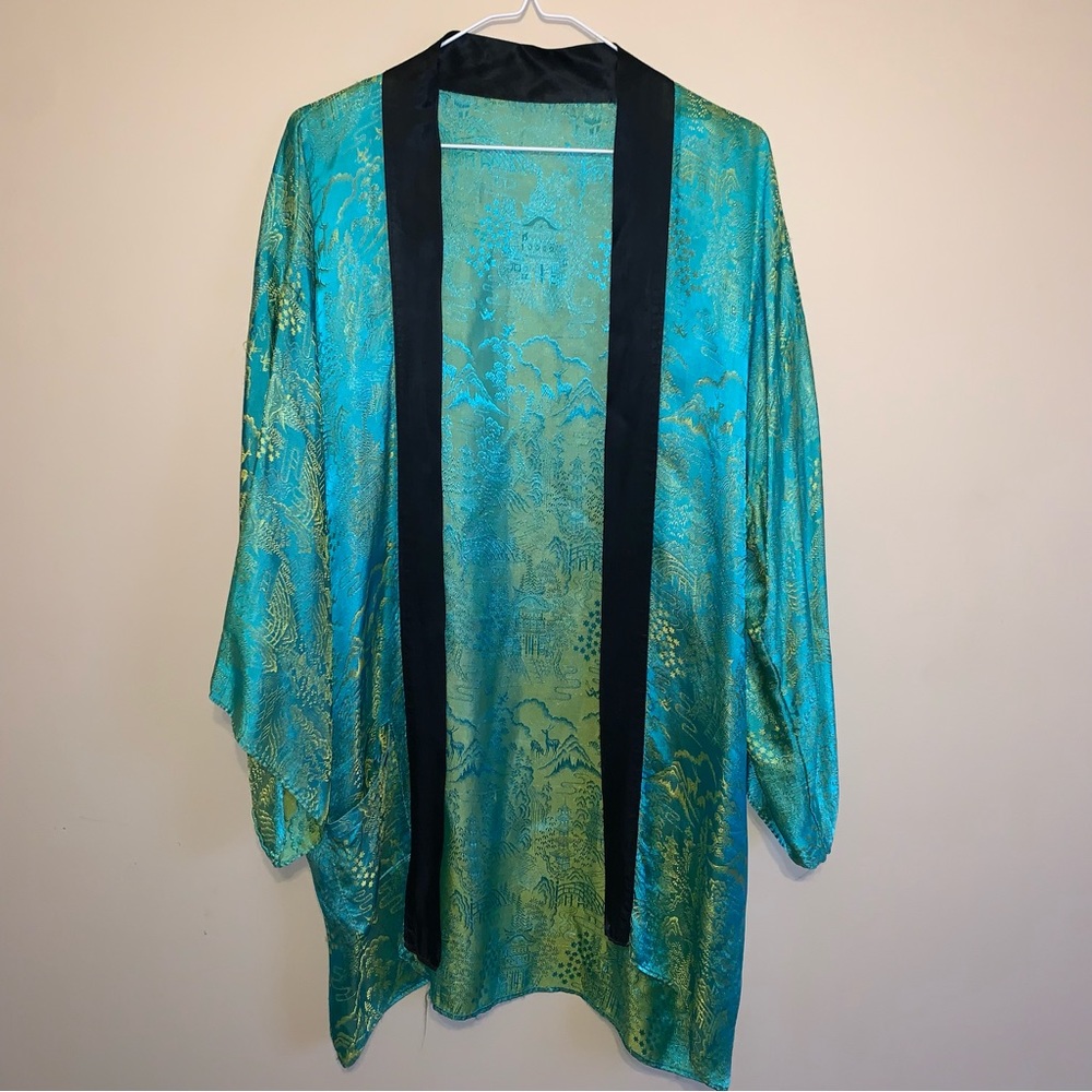 Silky Kimono Teal Turquoise Robe Oriental Pagoda Mountains Cranes Deer Print